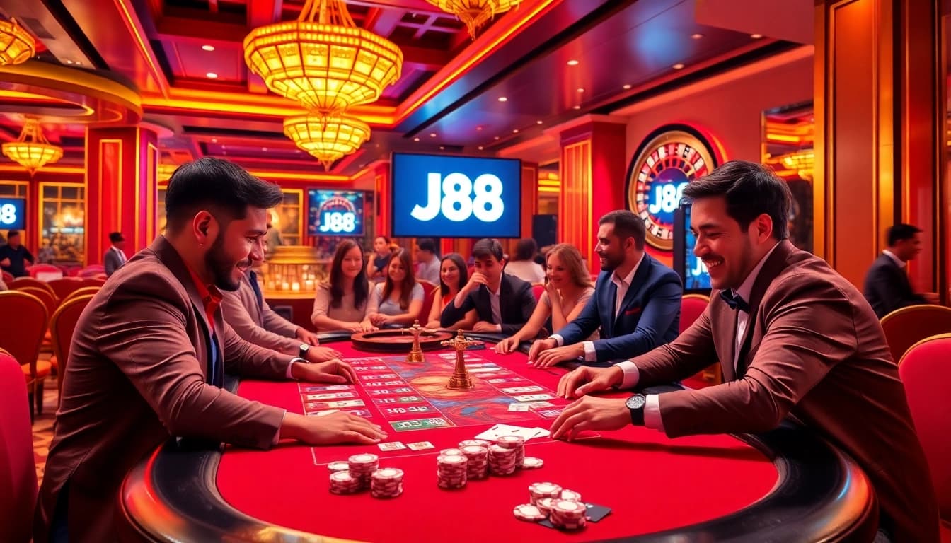 Exciting casino gaming at J88 with players enjoying poker and roulette in a vibrant setting.