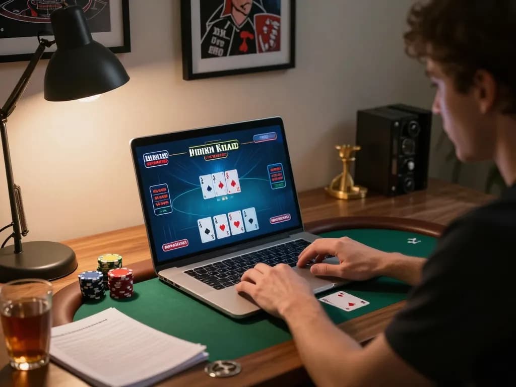Luck8 player strategizing during an online poker game in a comfortable home office