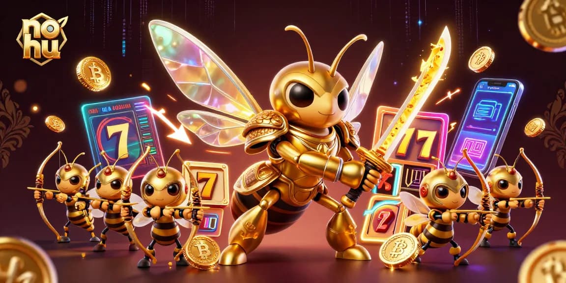 No hu slot game features vibrant 3D characters engaging with glittering slot reels and coins in an exciting casino scene.