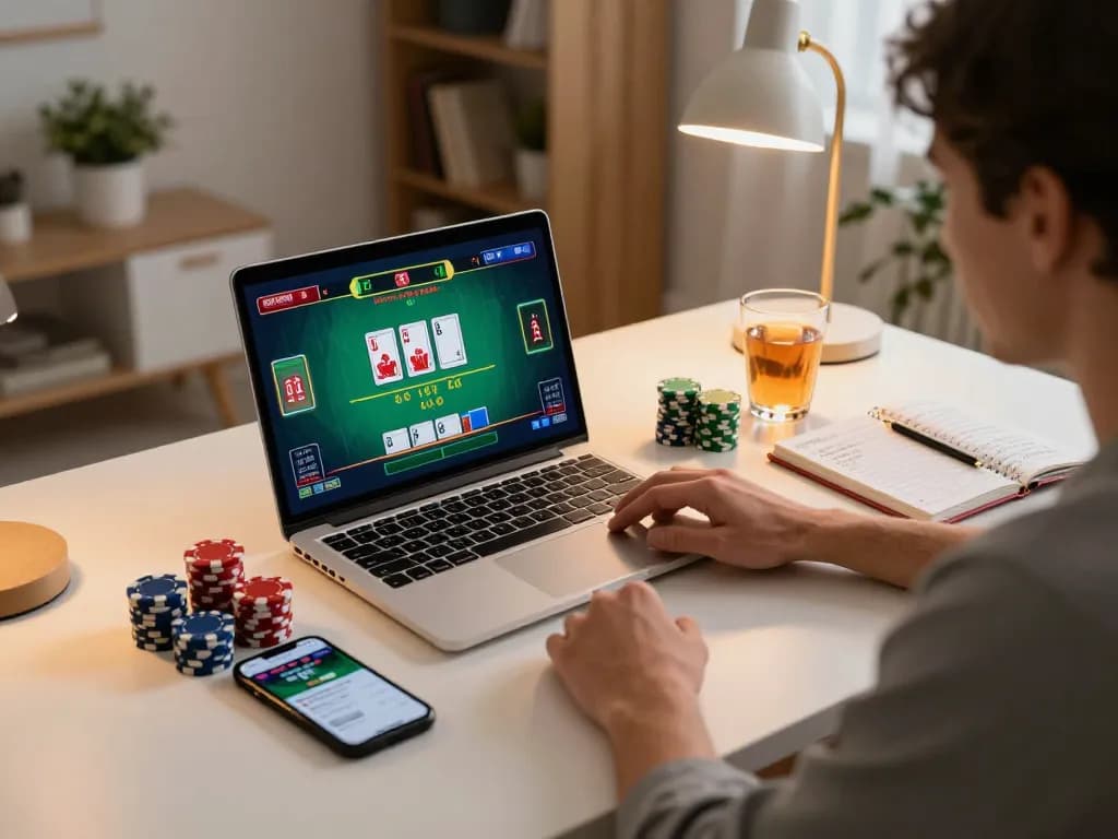 Engaging in online blackjack gameplay on laptop while planning sports betting strategies with fooballl context.