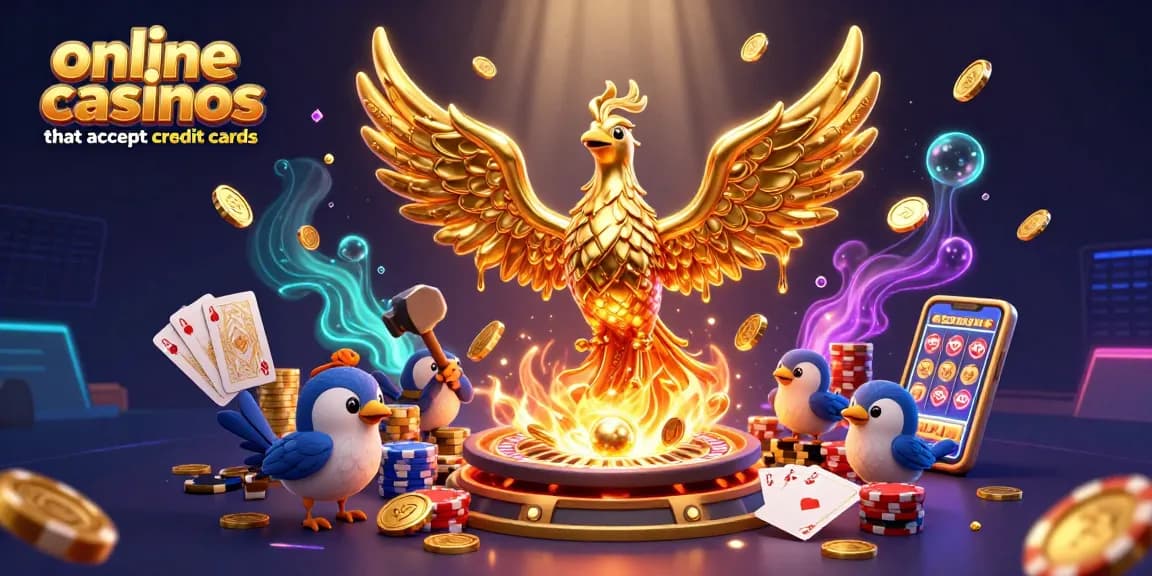 Engaging scene of online casinos that accept credit cards, featuring a golden phoenix and dynamic casino elements.