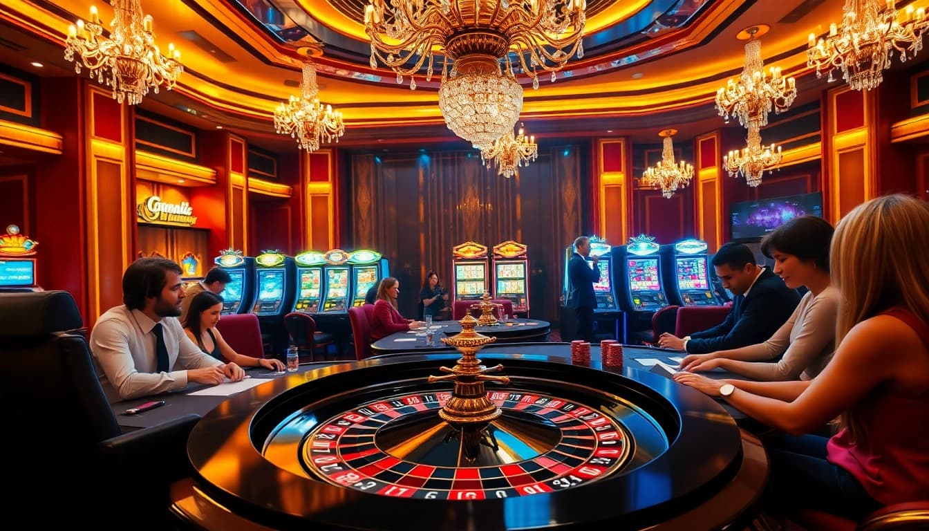 Players enjoying a thrilling experience at https://qq88.social/ casino table with vibrant slot machines.