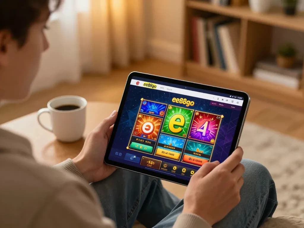 Engaging in exciting online casino games with ee88go on a tablet in a cozy home setting