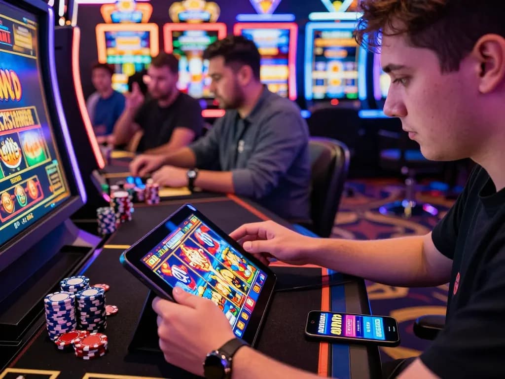 Excited player enjoying TG88 COM online slot game with vibrant graphics and casino chips.