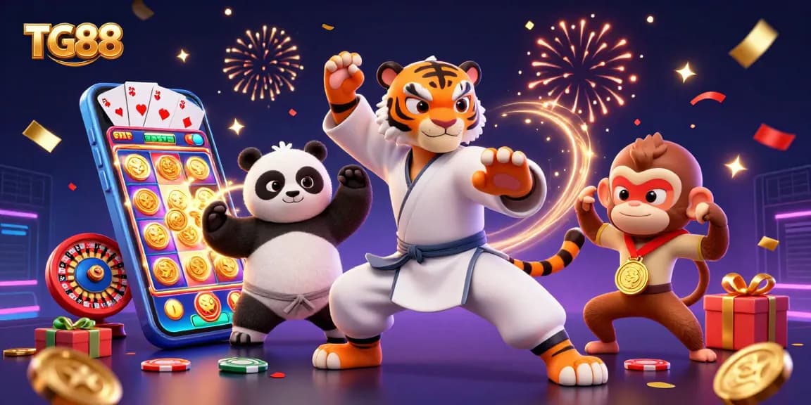 Engage with TG88's exciting online gambling world featuring lively characters and dynamic casino elements.