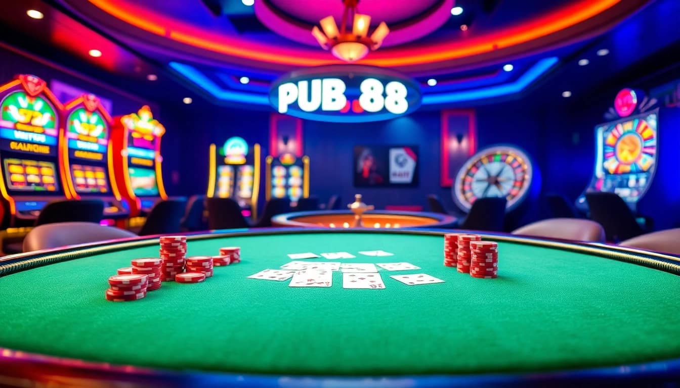 Experience the excitement of PUB 88 at a luxurious casino table filled with vibrant playing cards and chips.