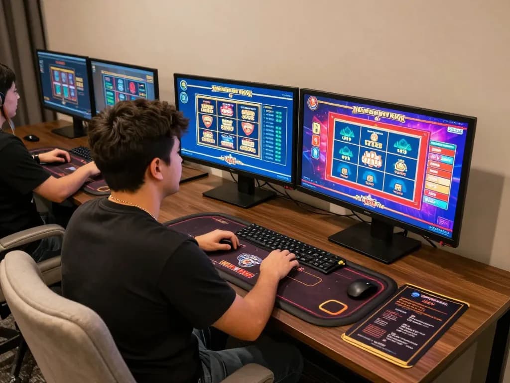 Player exploring ok365 online gambling options on dual monitors in modern home setting