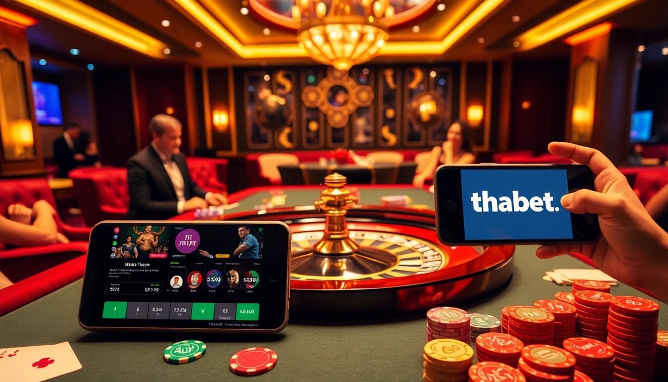 Experience the excitement of gaming at thabet.com with a vibrant casino scene featuring poker chips and roulette.