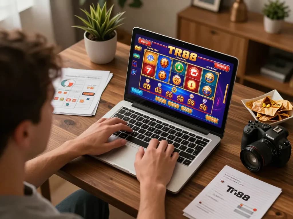 Engaging in thrilling TR88 online casino gaming from a cozy home setup, showcasing vibrant gameplay.