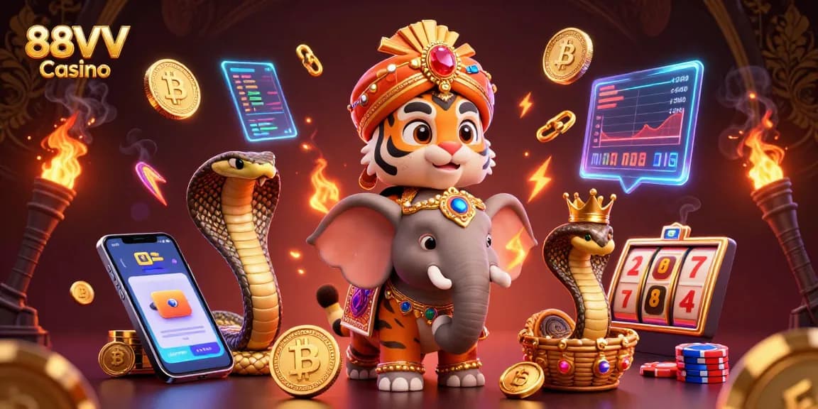 Engage with 88VV Casino through an exciting scene featuring a 3D maharaja, elephant, and treasures.