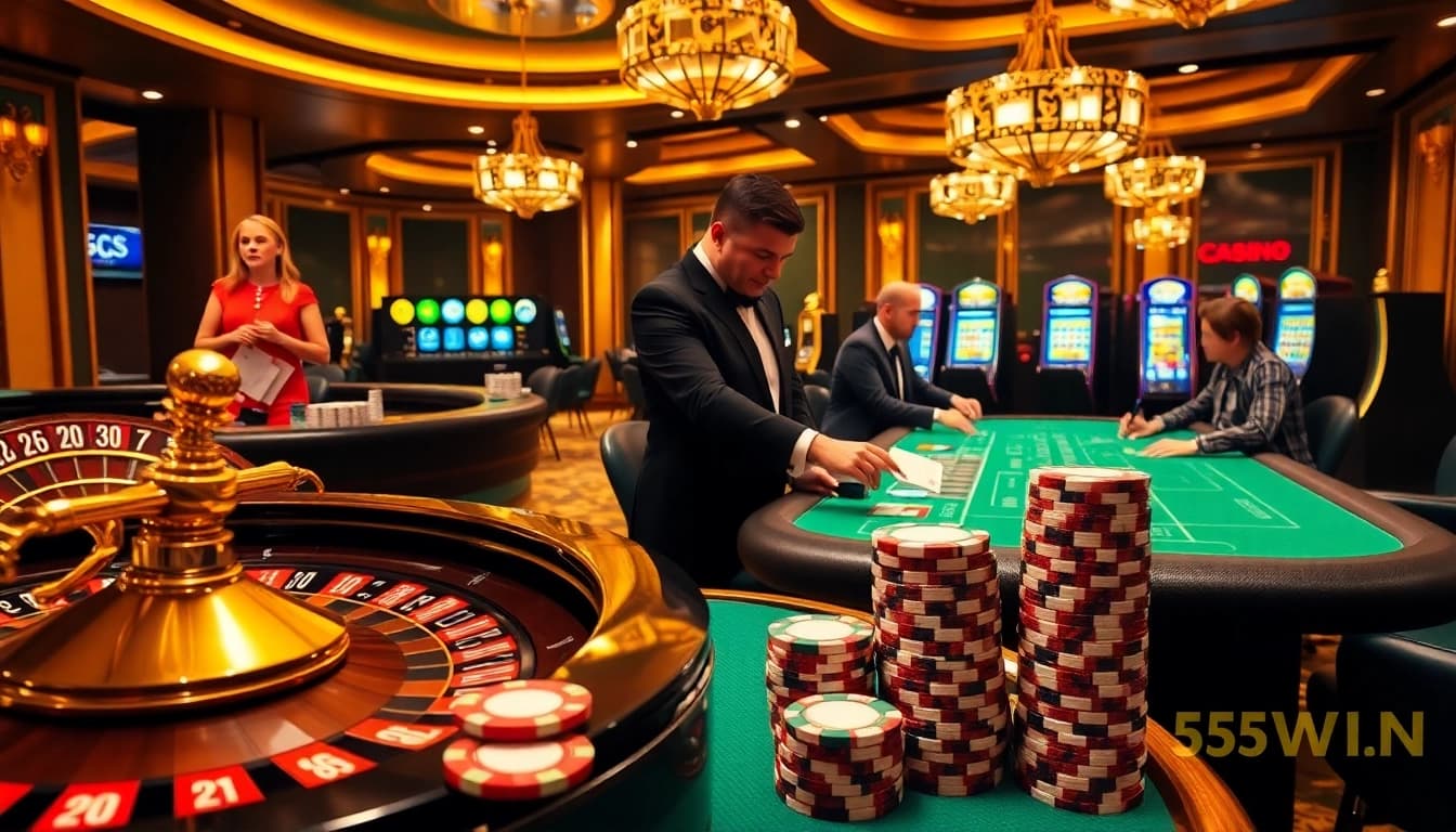 Exciting casino scene featuring poker tables and slot machines from https://555winz.net/.