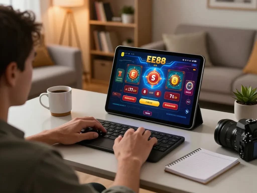 Player engaging in EE88 online gaming on tablet, cozy home setting, strategic gameplay atmosphere.