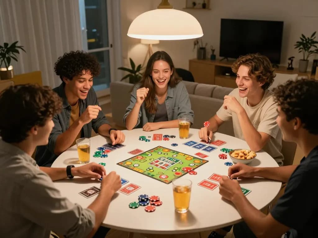 Friends celebrating during a Game bài đổi thưởng night at home with cards, chips, and drinks.