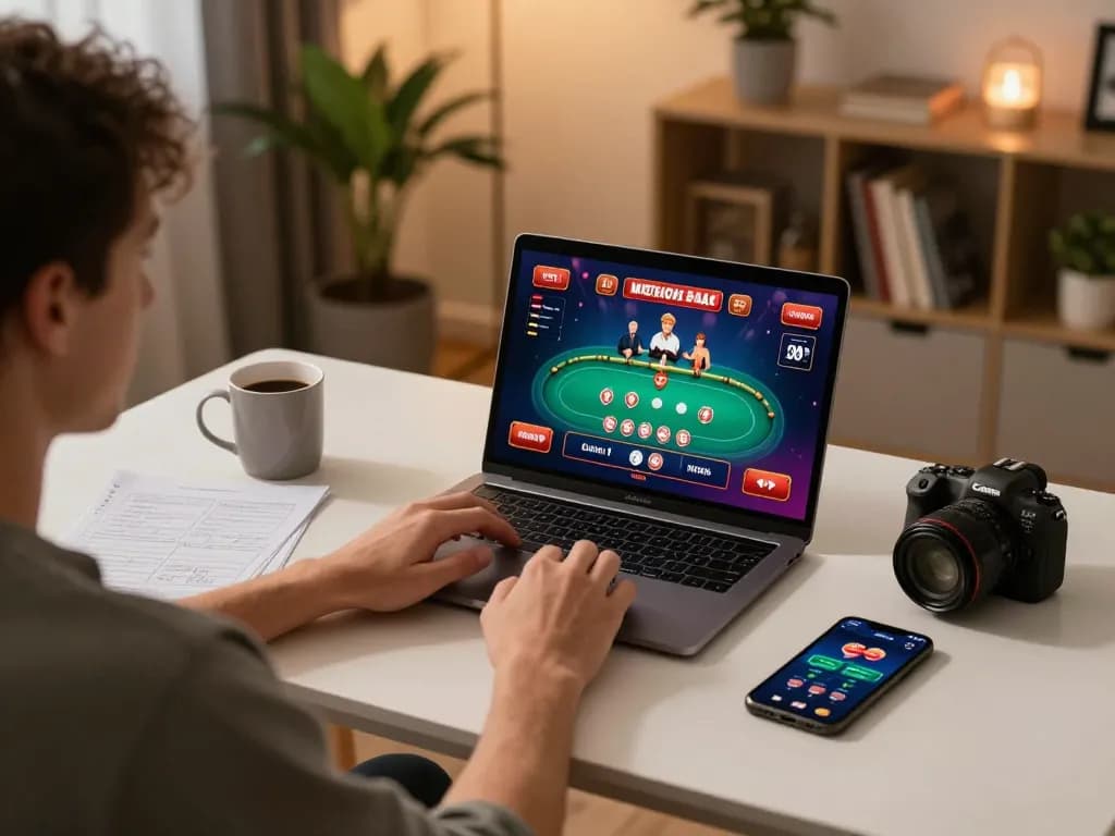 Person engaged in online casino gaming on 13win-asia, showcasing a laptop with a poker game interface and strategic notes nearby.