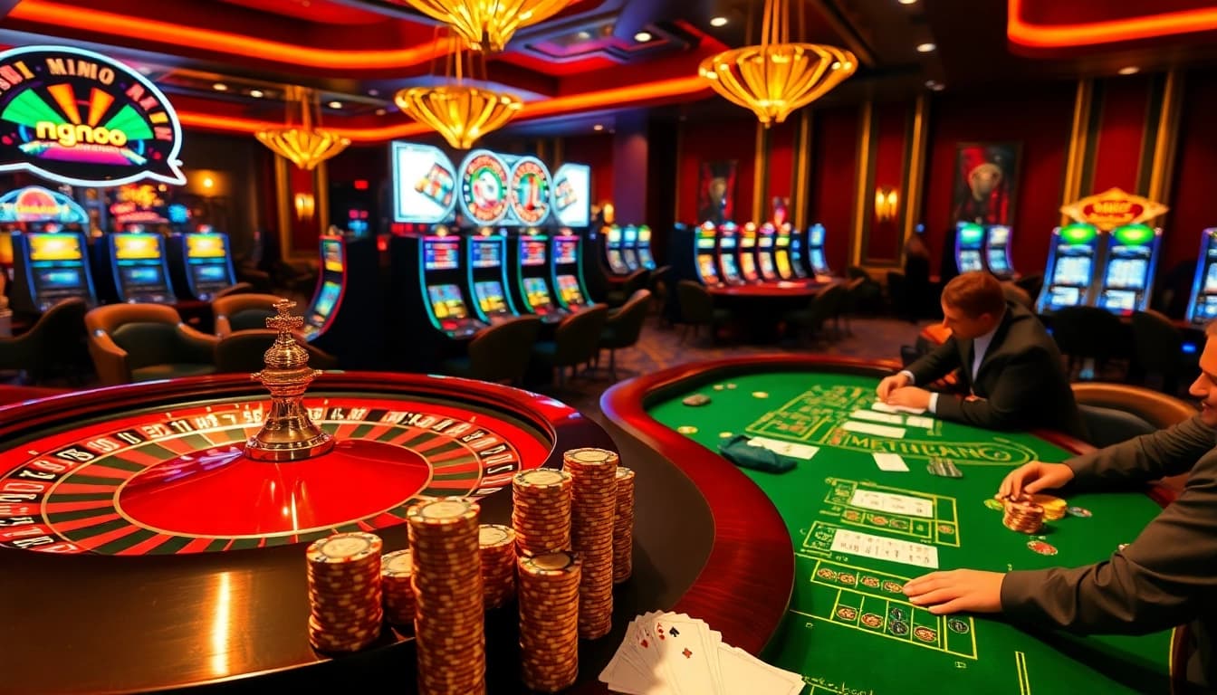 Gamble at mmoo with vibrant poker tables and elegant roulette wheels in a luxury casino setting.