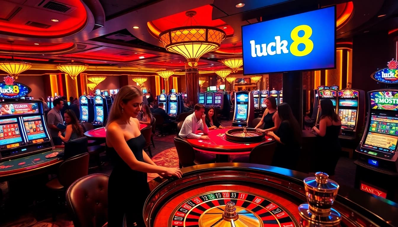 Players enjoying thrilling games at luck8 casino, showcasing excitement and luxurious ambiance.