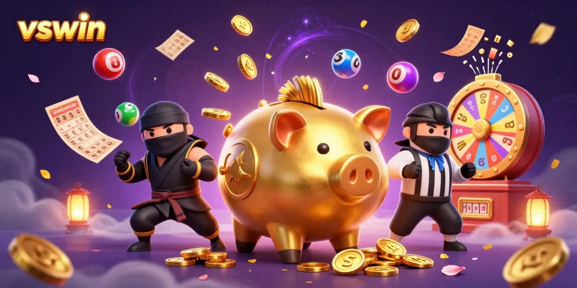 Experience thrilling gameplay at VSWIN with a colorful casino scene featuring a golden piggy bank sumo wrestler.