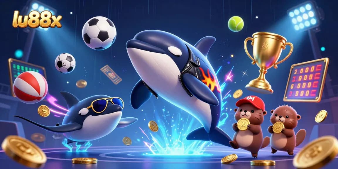 lu88x showcases a thrilling scene with a jumping orca whale, a stylish stingray, and otters holding coins amidst dynamic casino elements.