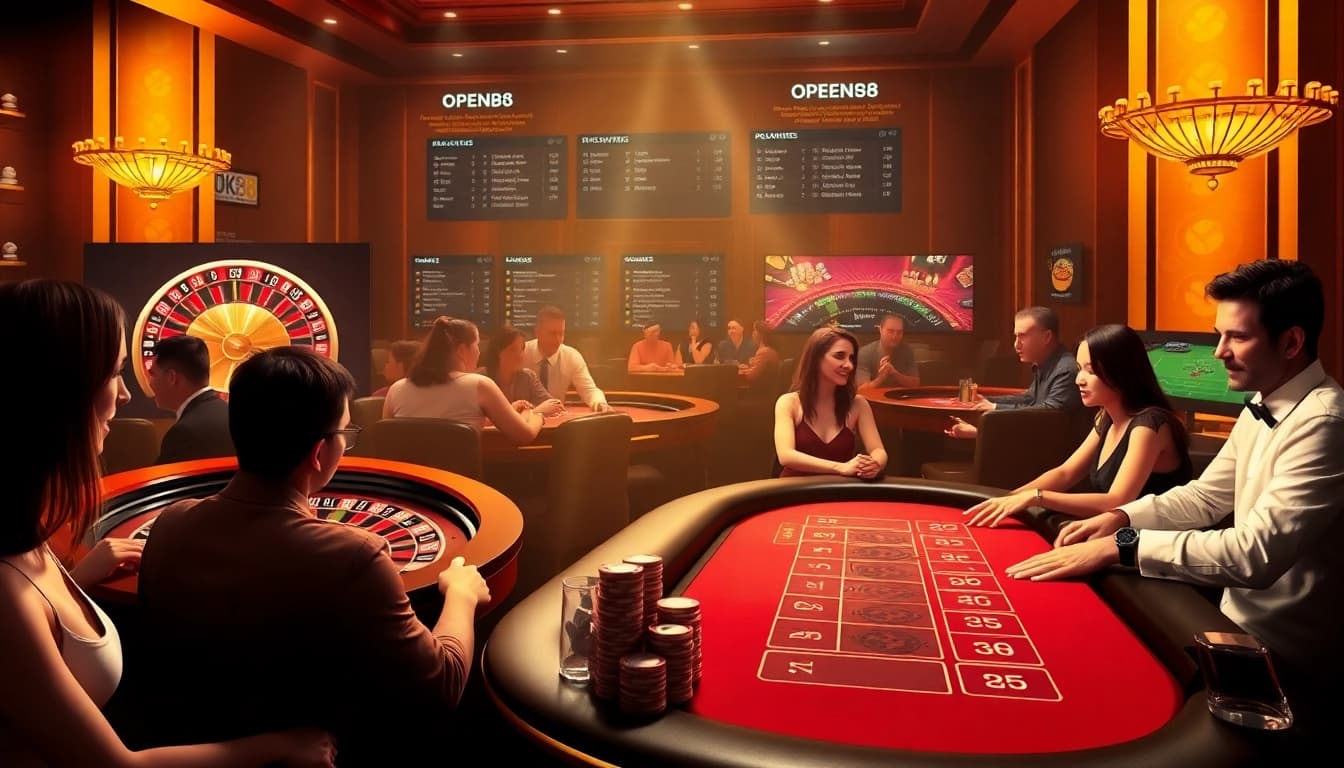Engaging online gambling scene with OPEN88 branding, featuring roulette, poker chips, and digital promotions.