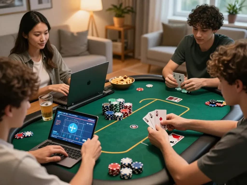 Engaging online poker game session featuring players competing on various devices, showcasing lc88 strategy in a cozy environment.