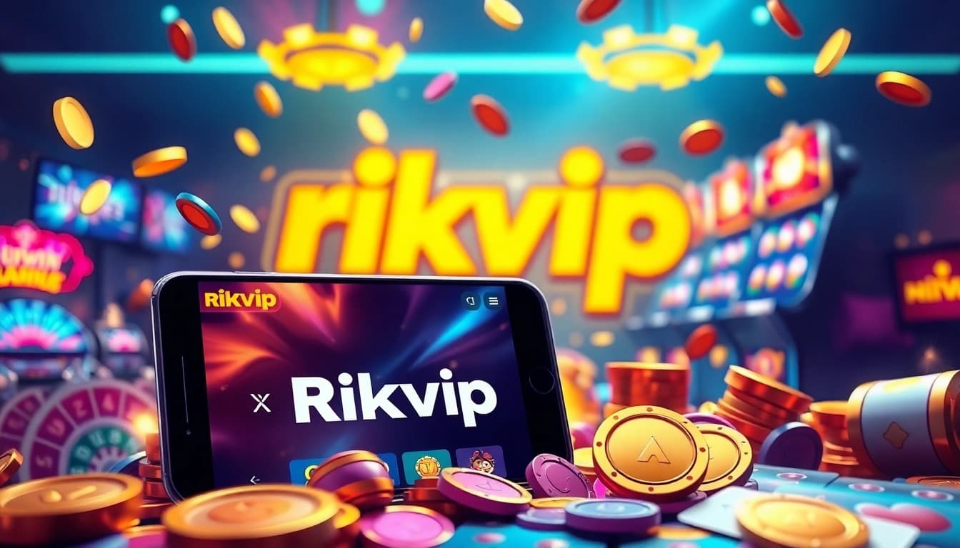 Exciting scene of rikvip đăng nhập on a smartphone with colorful game tokens and cards.