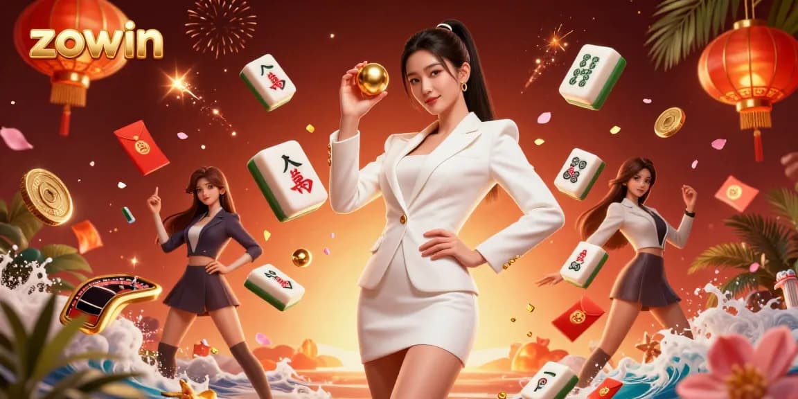 Zowin captivates with a striking casino scene featuring an Asian woman adorned in luxury, expertly balancing a roulette ball amidst vibrant gaming elements.