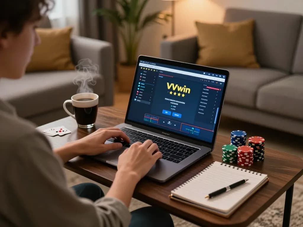 Player enjoying an online poker game at VVVwin from home, complete with chips and strategy notes.