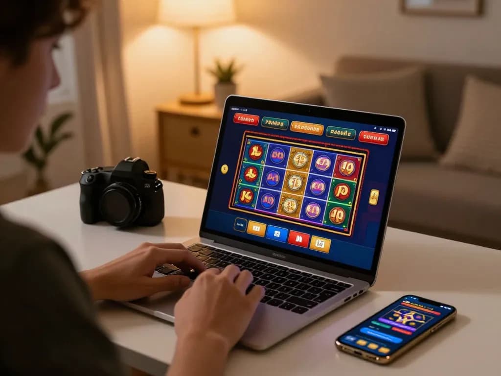 Player engaging in online gambling at TG88 casino with laptop displaying vibrant slot game.