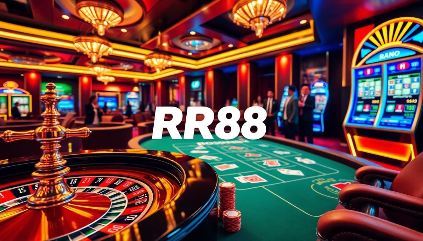 RR88 players enjoying a luxurious casino experience with roulette, cards, and slots in a vibrant atmosphere.
