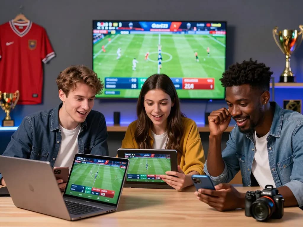 Exciting scene of sports enthusiasts engaging with thể thao Goal123 on various devices, illustrating energetic online betting.