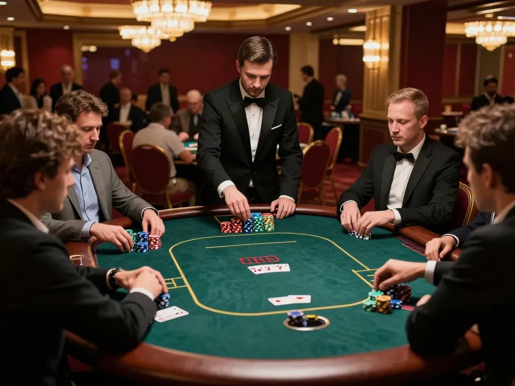 okfun players strategizing in an upscale poker game at a luxurious casino table