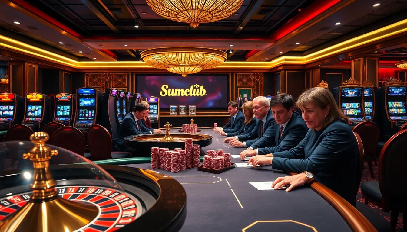 Players enjoying high-stakes games at Sumclub casino, surrounded by vibrant slot machines and poker tables.