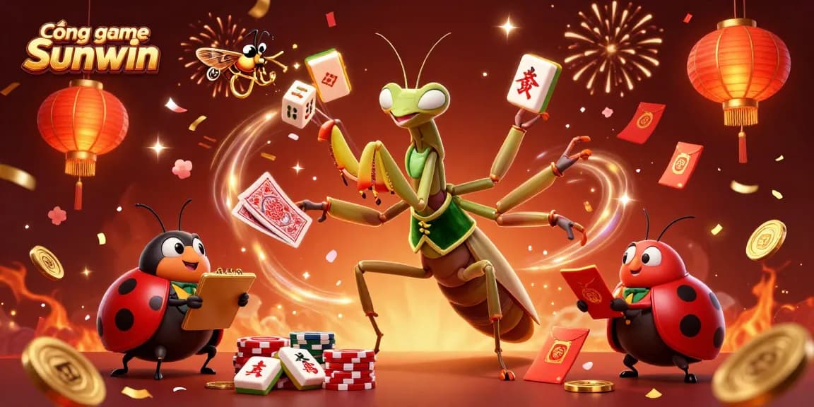 Cổng game Sunwin features a vibrant casino scene with a 3D cartoon praying mantis card sharp, ladybug pit boss, and dynamic game elements.