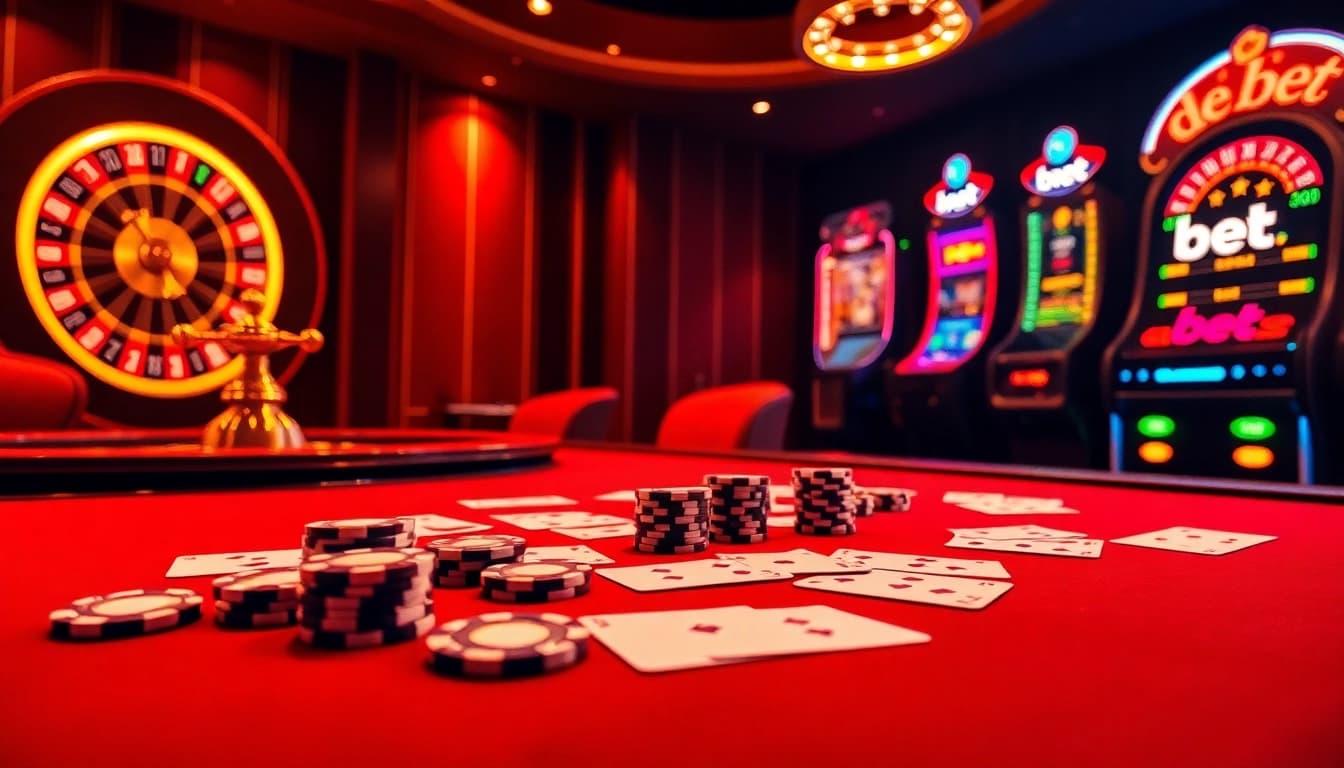 Players enjoying the thrilling games at de bet casino, featuring vibrant slot machines and lavish poker tables.