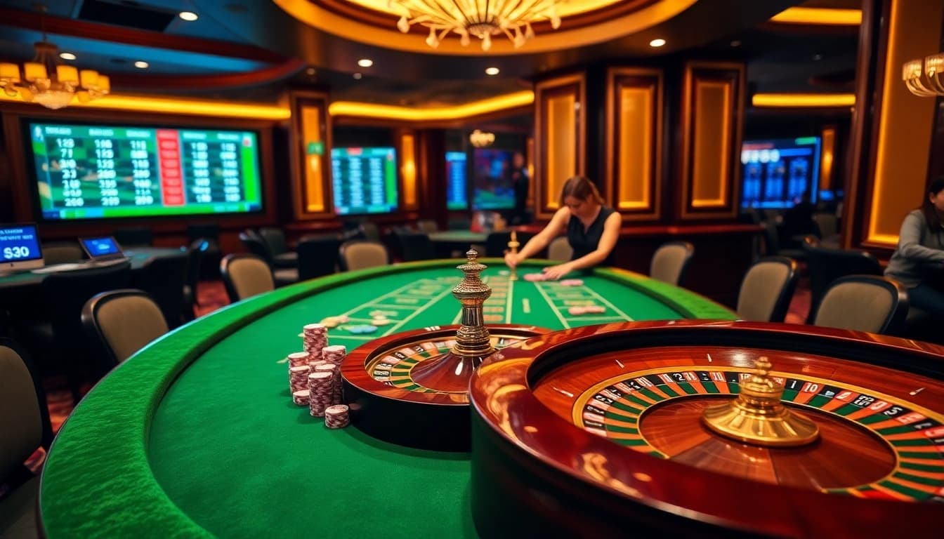 RR88 casino table showcasing poker chips and a roulette wheel in a luxurious gaming environment.