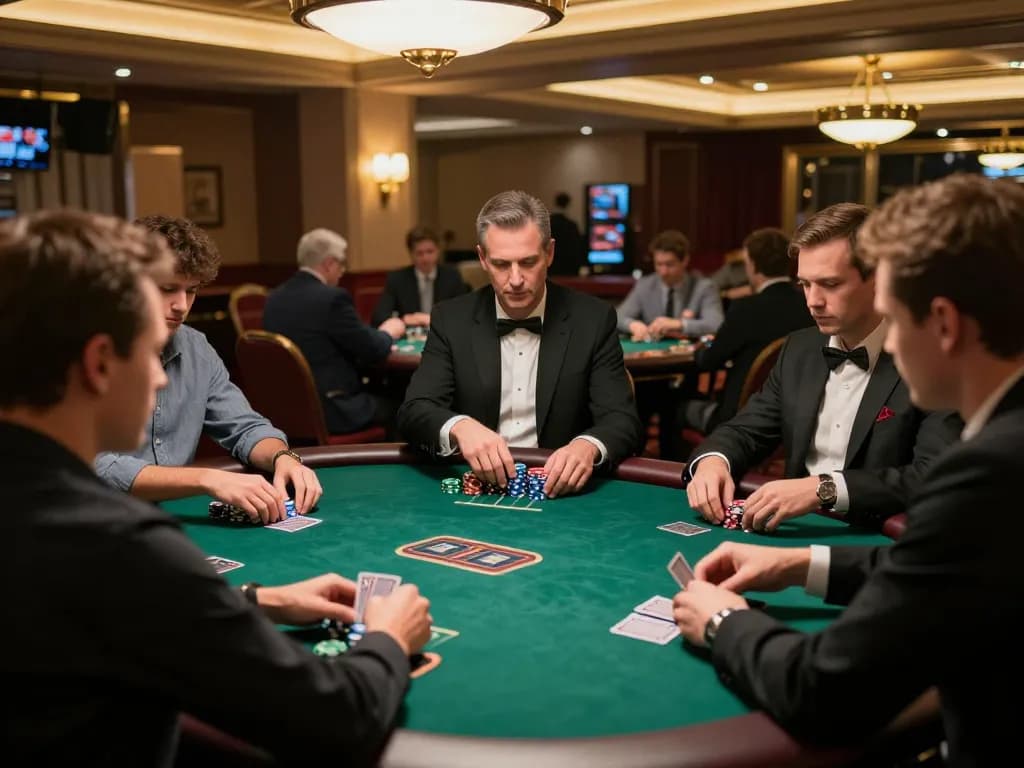 KJC players strategizing in a thrilling poker game with vibrant chips and warm casino ambiance.