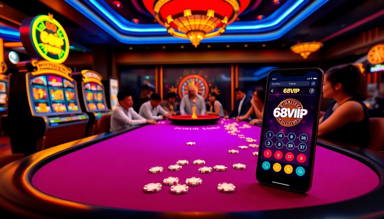 Experience the thrill of Tải App Nhà Cái 68VIP with professional casino games and glowing lights.