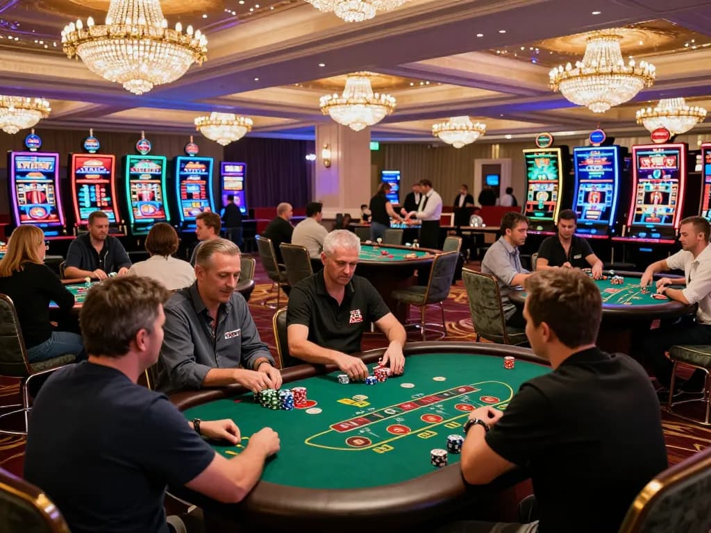 Players enjoying a thrilling game night at ALO8 STUDIO casino with poker, roulette, and slot machines in action
