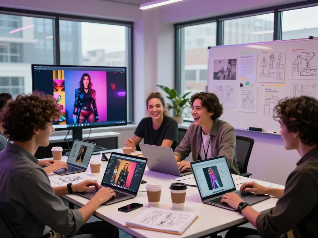 Creating innovative ai porn content in a vibrant studio with digital artists.