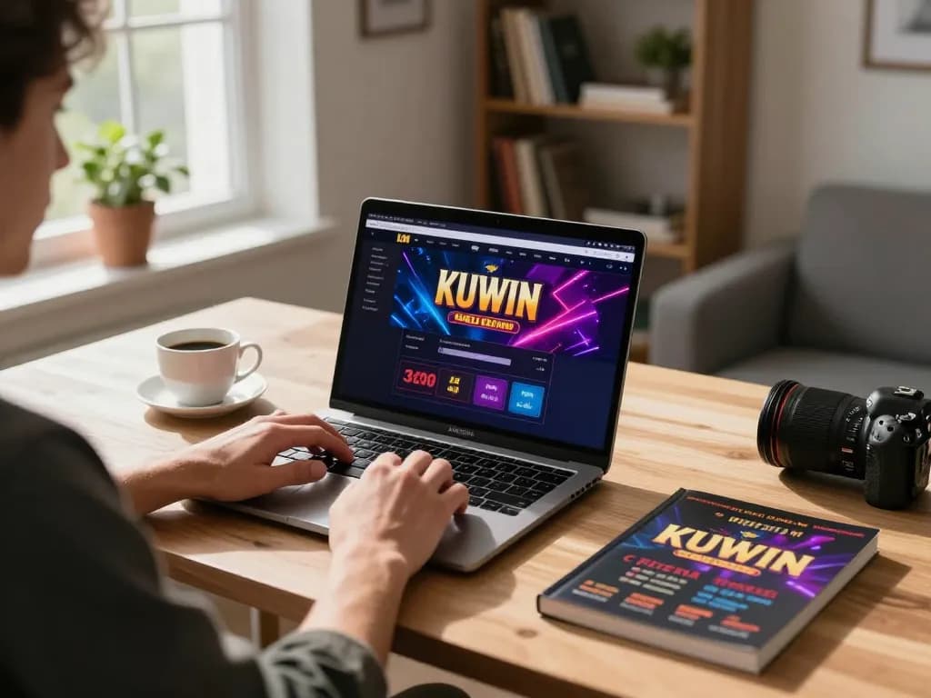 Person engaging with the KUWIN online casino interface on a laptop, focused on strategic gameplay.