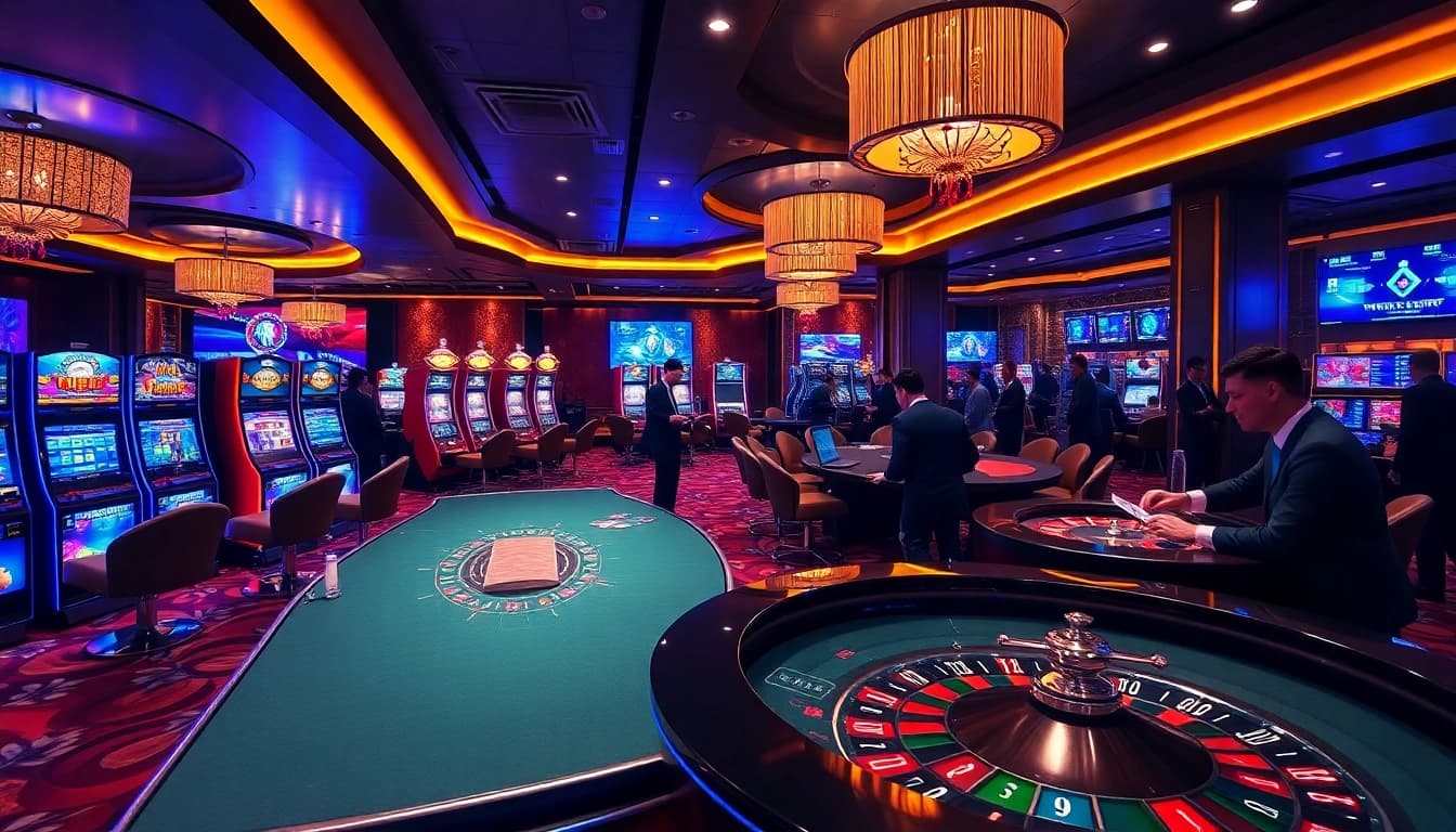 Play thrilling games at 8kbet's luxurious casino, featuring a vibrant atmosphere and engaging table games.