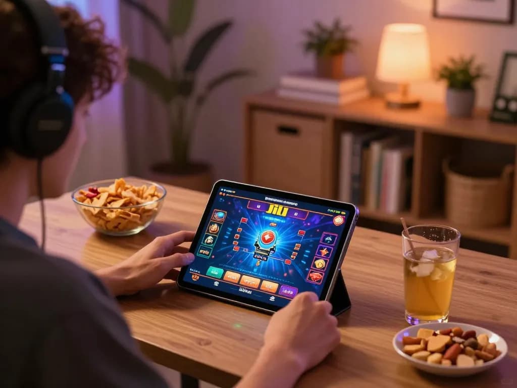 Enjoying Jili games on a tablet during an engaging online casino session in a cozy home setup