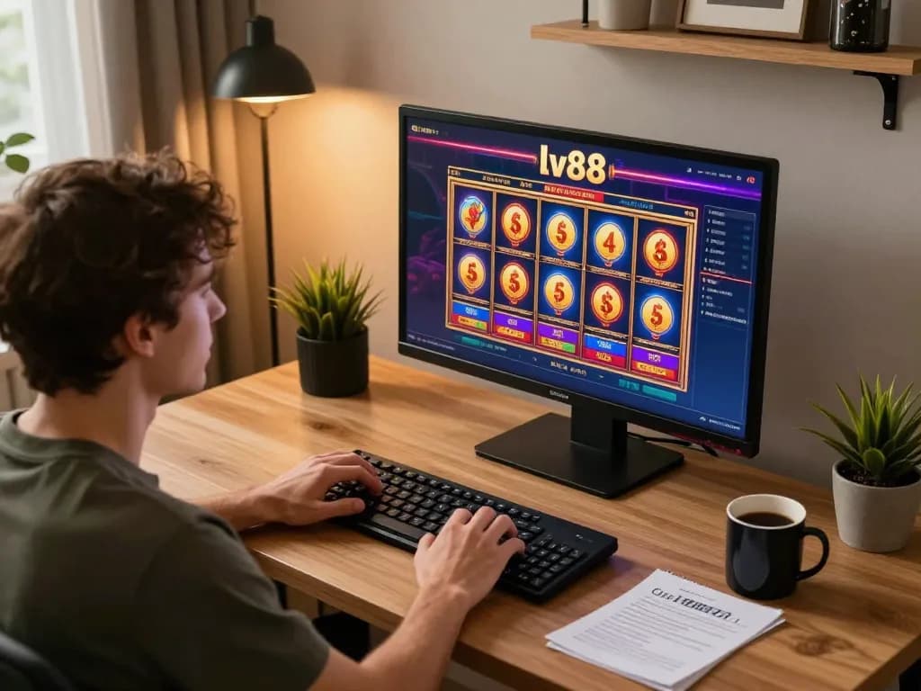 Engaging online gambling moment with a player enjoying lv88's exciting slot games from home.