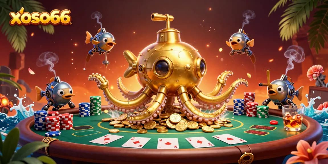 Engage in thrilling games with xoso66's poker scene featuring golden kraken in vibrant casino atmosphere.