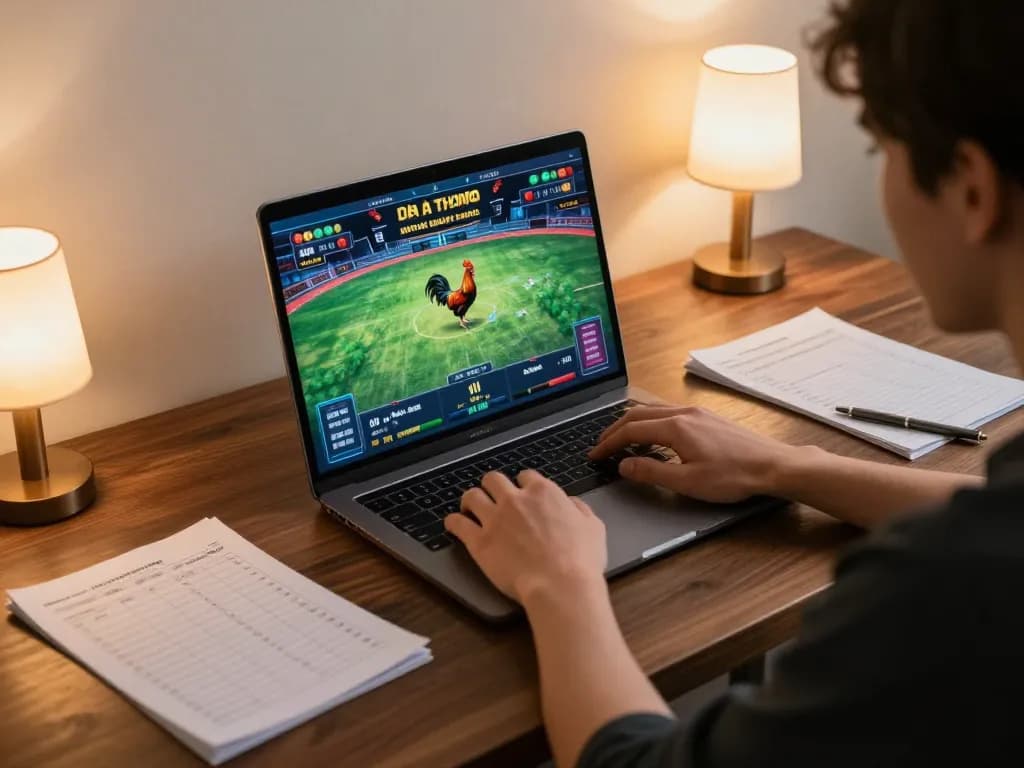 Engaged user experiencing đá gà thomo live stream on laptop in a cozy home setting