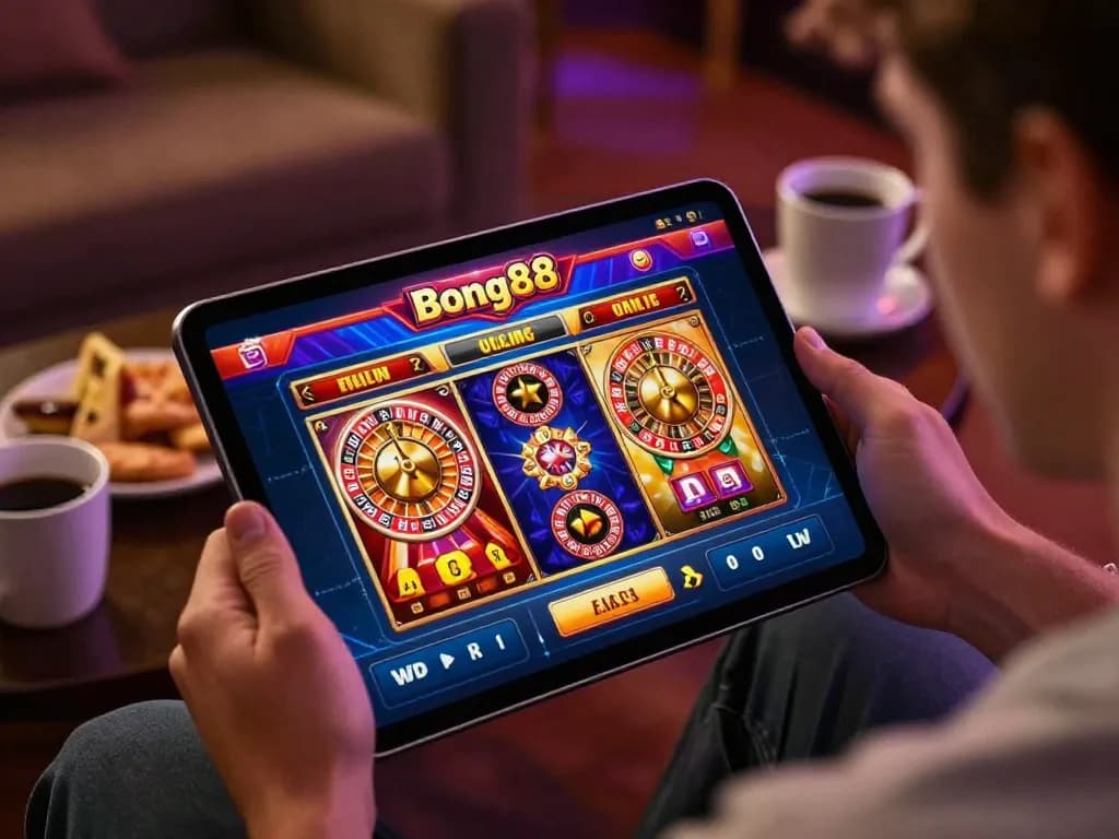 Bong88 player engaging in mobile slots while enjoying a cozy gaming atmosphere.