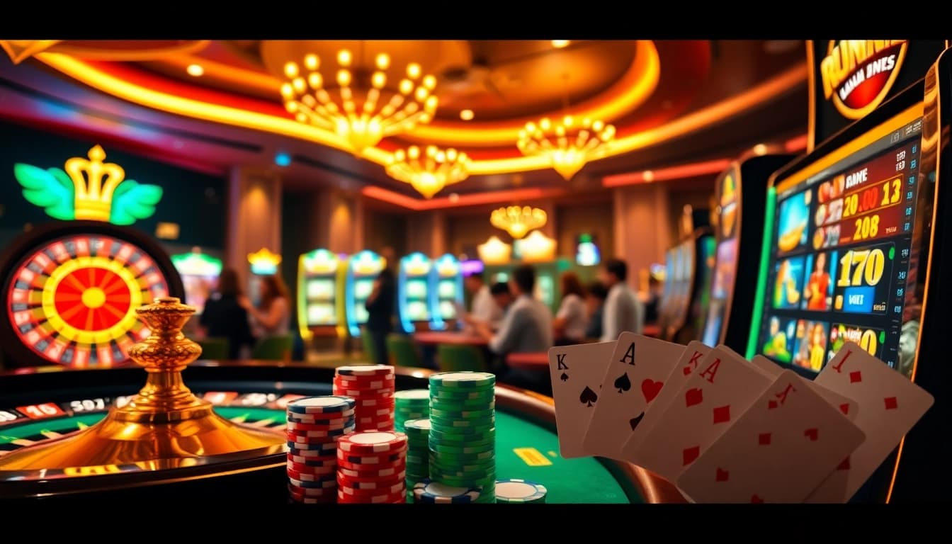 Exciting gameplay at Luckywin 777 with vibrant slot machines and a roulette wheel.