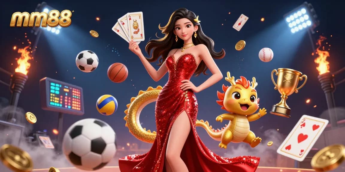 Experience winning strategies at mm88 casino featuring a glamorous woman and dynamic sports elements.