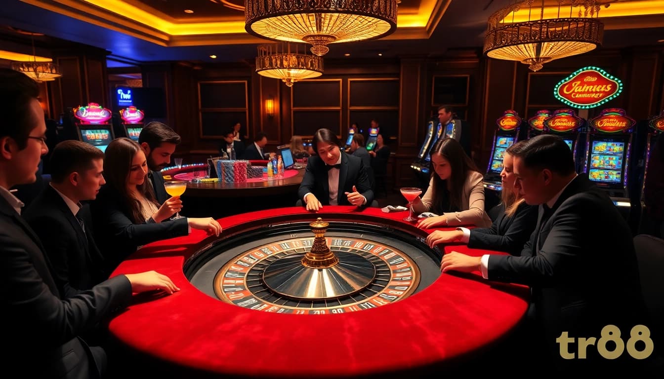 Experience the thrill of 'tr88' at a luxurious casino with vibrant tables and excited players.