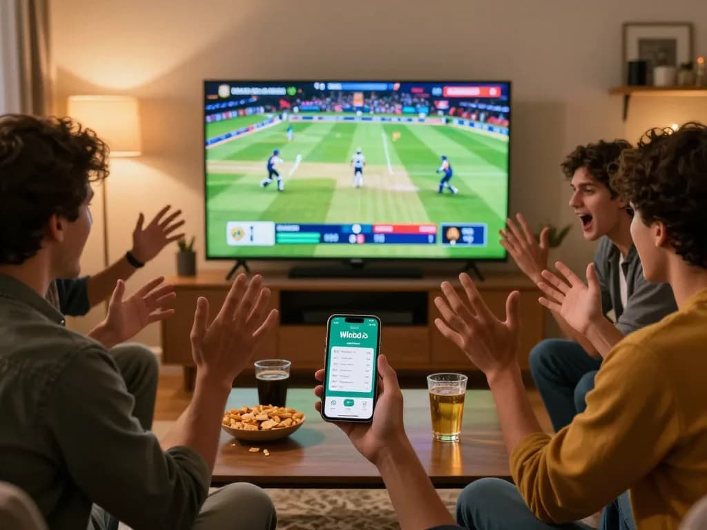 Friends engaging in sports betting via the Winbd.io app during a cricket match.